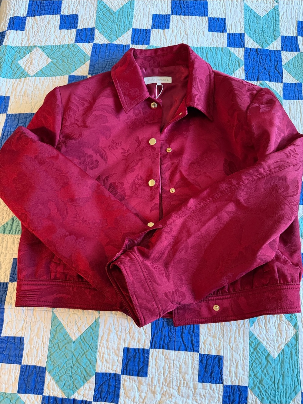 Zara Burgundy Floral Jacquard Bomber Jacket with Gold-Tone Snaps